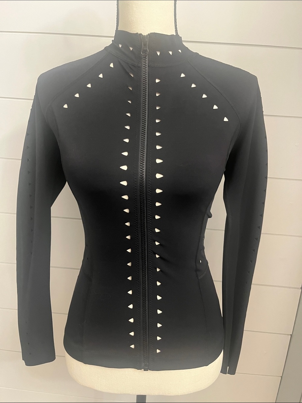 Black Zip-Front Long Sleeve Top with Stud Accent